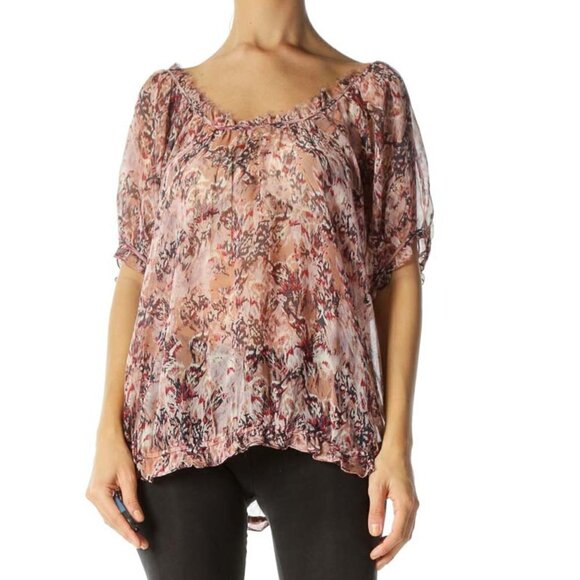 Ella Moss Tops - Ella Moss Pink Navy & Red 100% Silk Raw-Hem Pouf-Sleeve Blouse